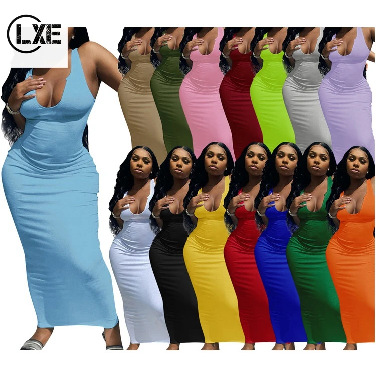 

15 Colors Round Neck Sleeveless Bodycon Maxi Elegant Women Summer Party Long Casual Dress, Picture color