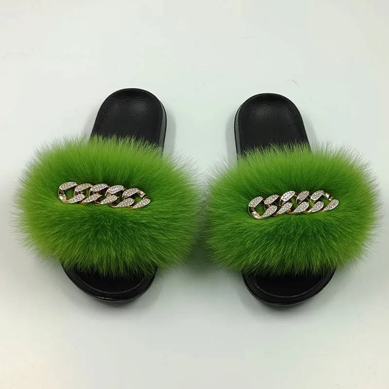 

Real Fox Raccoon Leather Slippers Golden Chain Fluffy Leather Slippers Women Casual Shoes Sandals, Customized color