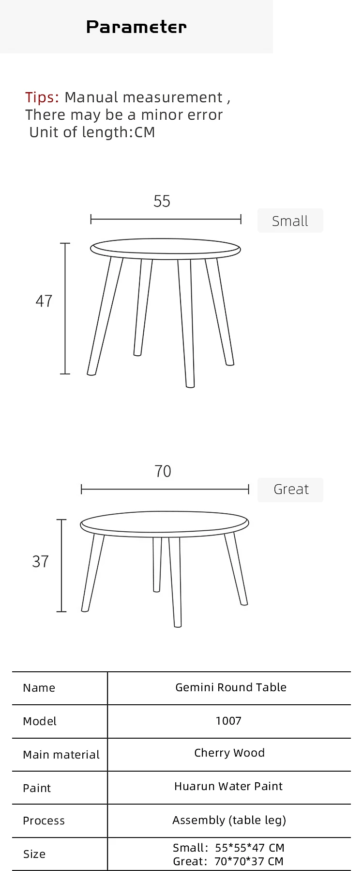 Living Room Furniture Round Cherry Wood Tea Coffee Table Combination