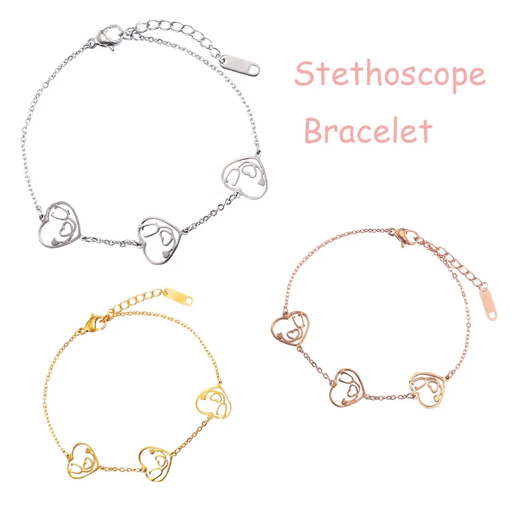 

Cheap silver rose gold plated heart/oval shape Medical Stethoscope Charms Bracelet DIY Jewelry for nurse gift, Silver/gold/rose gold