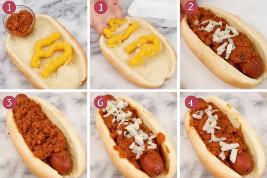 Step-by-step assembly of Coney Island hot dog showing mustard, chili topping, and diced onions on a steamed bun