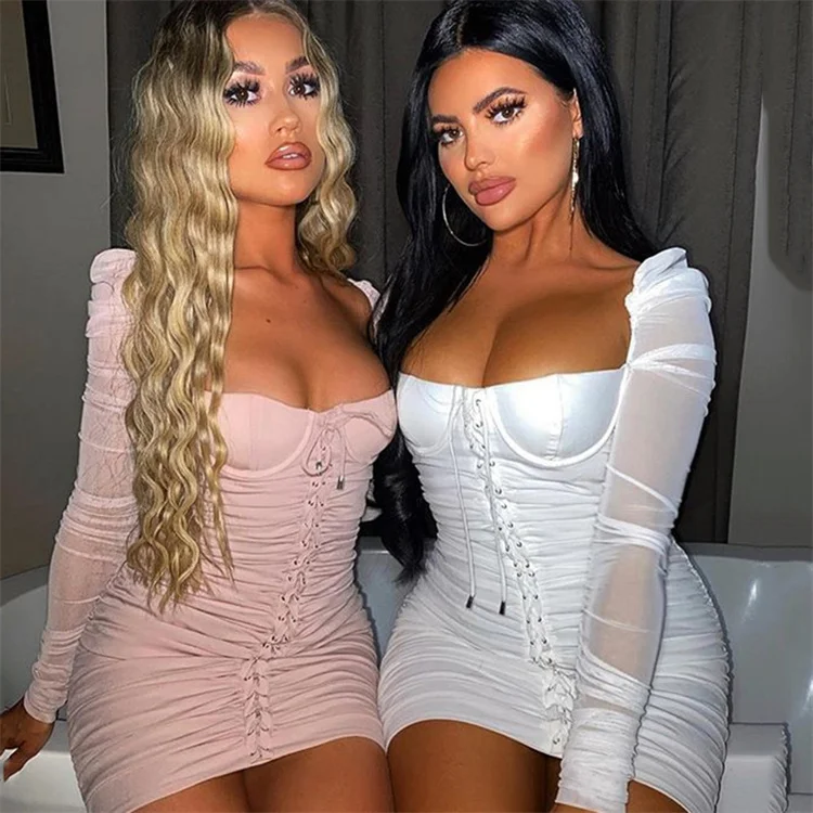 

Custom Fashion Woman Fall Clothing Solid Chain Mini Dress Party Club Wear Bodycon Women Sexy Club Long Sleeve Dresses, Picture color