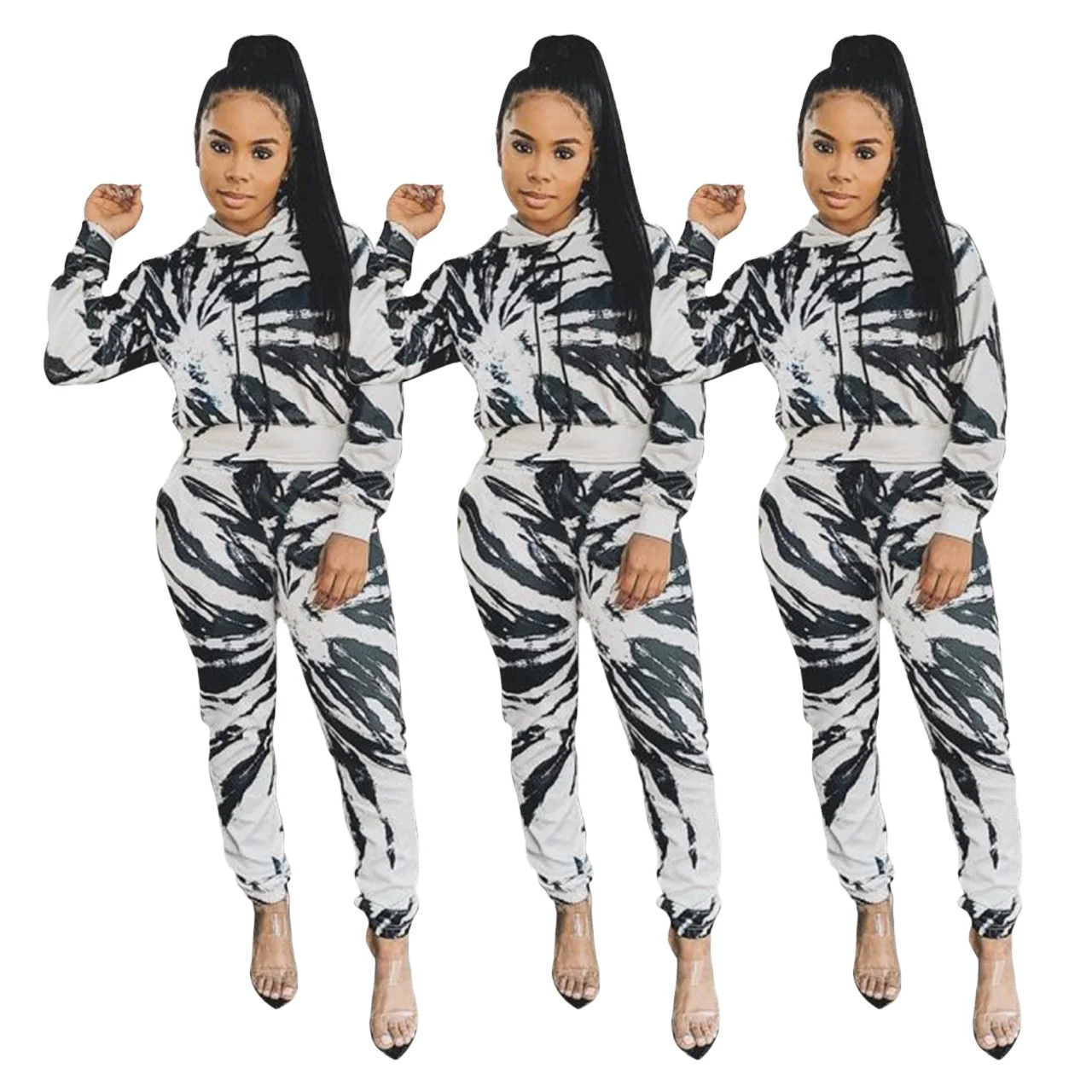 

New Arrival Women Paint Splashing Style Printing Two Piece Set Hoodie Set