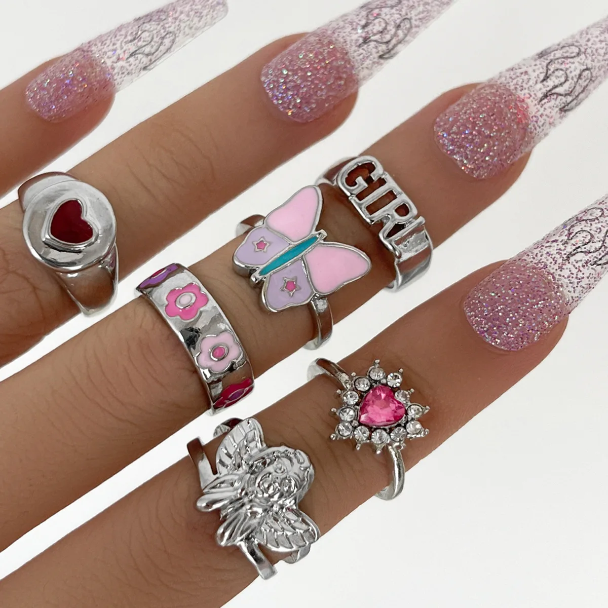 

Fashion New Product Butterfly Alphabet Flowers Loving Heart Combination Six-piece Ring Set For Girls