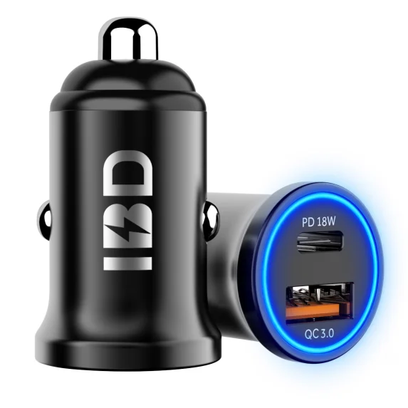 

Zinc alloy support QC3.0 and PD 36w dual car charger with LED light ring, Black, grey