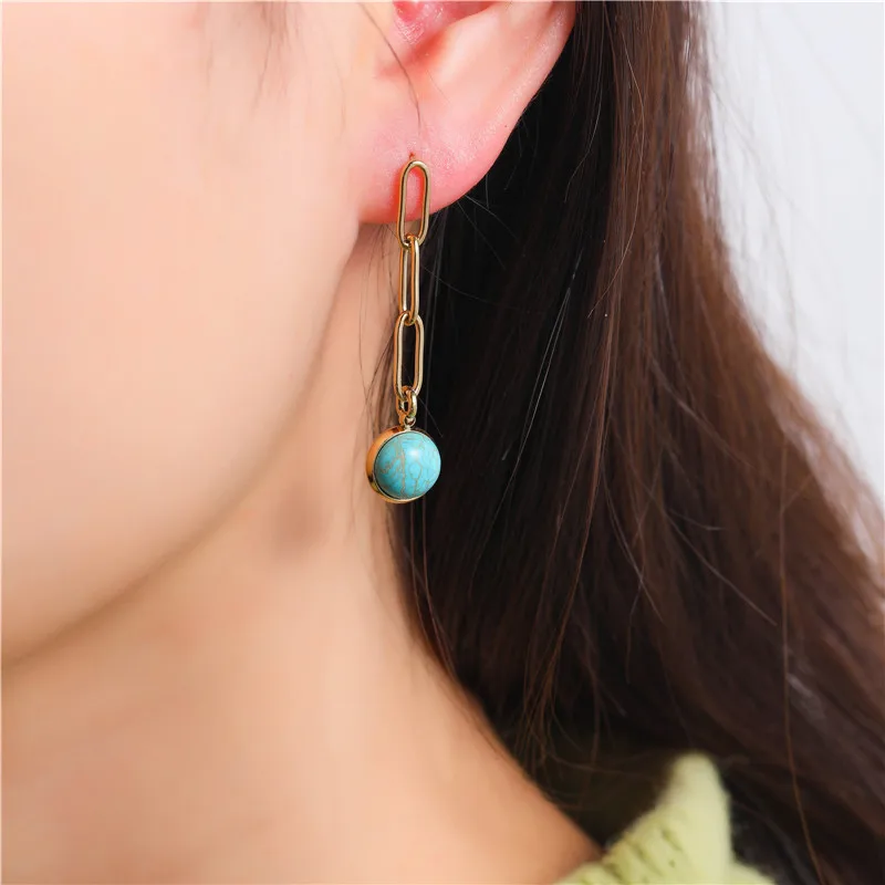 New Arrival Quality Stainless Steel Jewelry 18K Gold Plated Link Chain Genuine Natural Turquoise Stone Long Drop Dangle Earrings