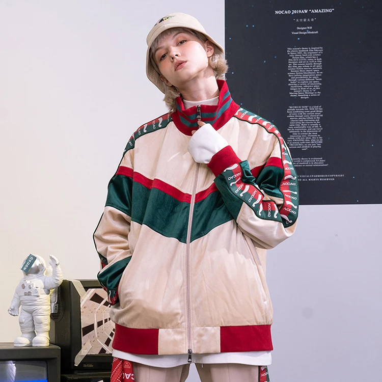 

NOCAO fashionable private label velvet contrast color tops oversized winter spliced warm custom varsity jacket, Beige