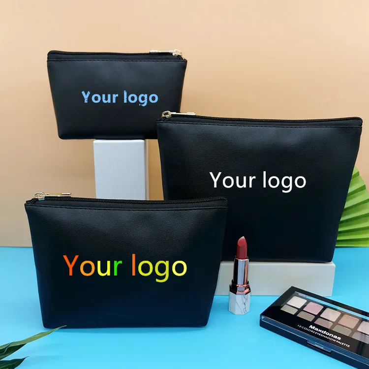 

cheap price high quality small/ medium/ big leather makeup bag women handbag private label make up pouch with zipper, Black