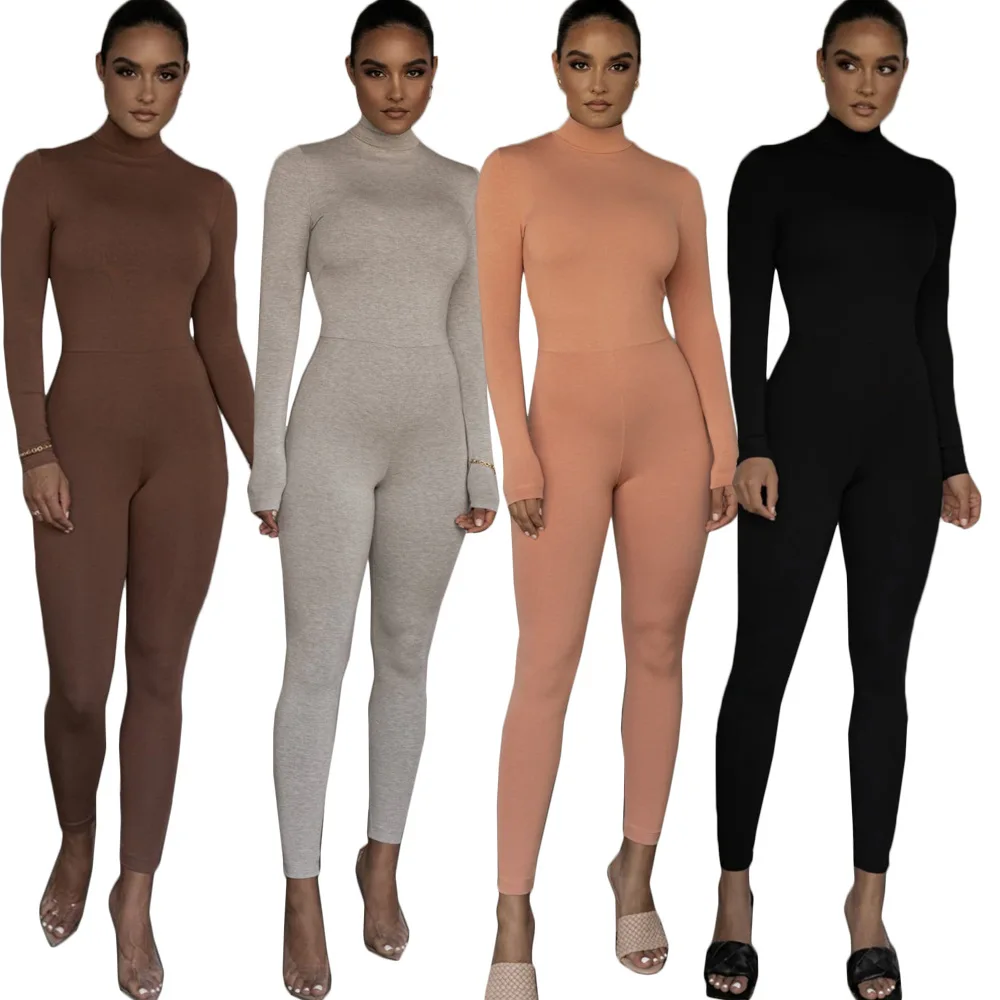 

custom logo black brown pink turtleneck long sleeve jumpsuit women fitness skinny bodycon one piece winter fall jumpsuit