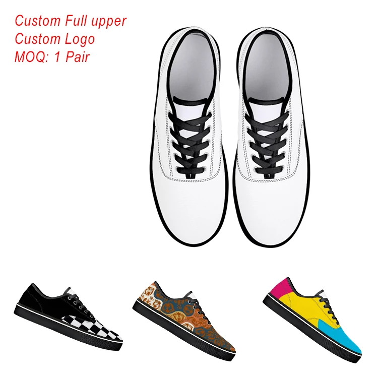

Wholesale fashion flat printed vulcanized black rubber casual slip on loafers custom blank canvas shoes