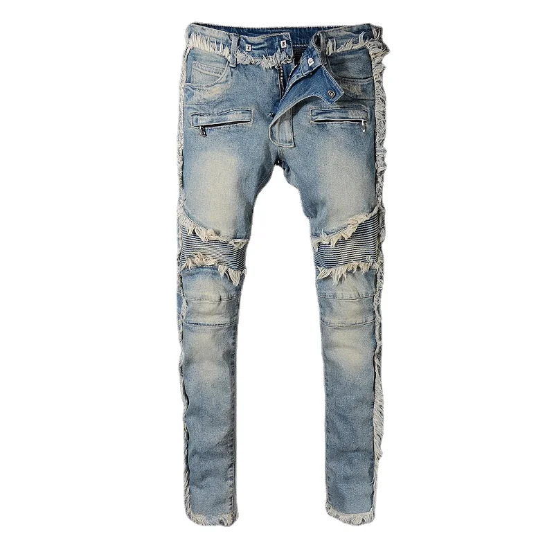 

New Design Men's Biker Pants Rhinestone Skinny Black Jeans Slim Denim Pants For Men, Picture