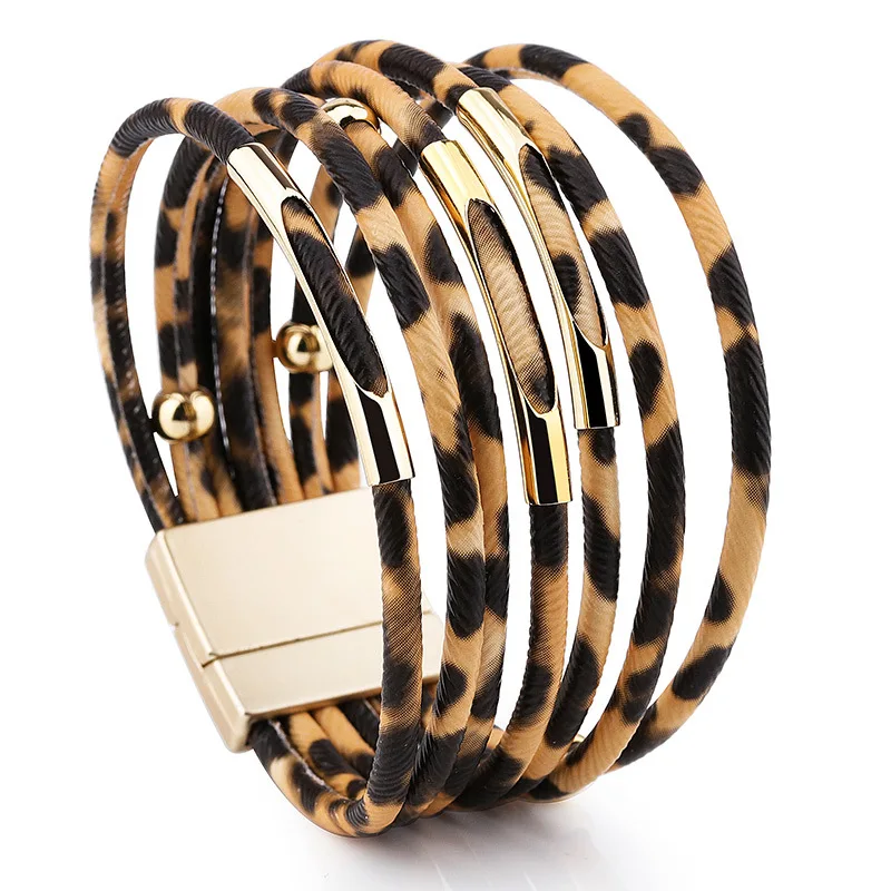 

New Arrival 4 Color Available Multi Layer Leopard Leather Bracelets Stackable Magnetic Buckle Leather Tube Bracelets For Women