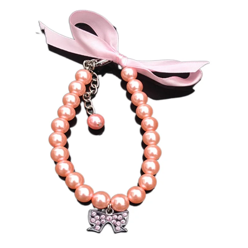 

Ribbon Rhinestones Dog Cat Pet Pearl Necklace With Bow Pendant Pet Collar