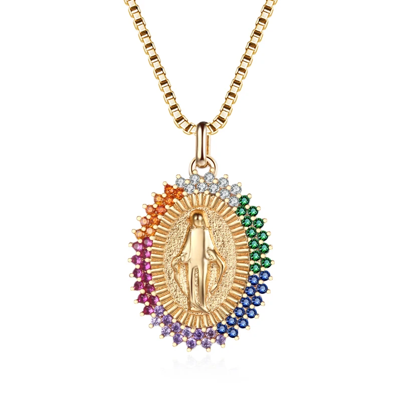 

Woman 14k Gold Filled Jewelry Hot Selling Virgin Mary Crystal Pendant Necklace Religious Christian Necklace, Golden