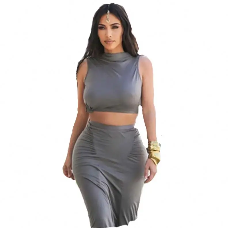 

8051 Kim Kardashian cotton high quality dress two piece suit, Gray