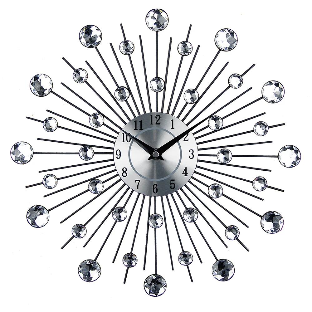 

nordic 33cm Large 3D Crystal Diamond fancy Luxury Quartz Modern Design hotel Creative Metal Home Decorative Art Wall CLOCKS wall, Silver