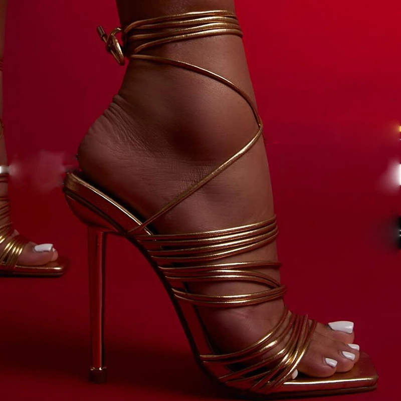 

Multi-strap square peep toe high stiletto heel women sexy sandals summer fashion lady party shoes faux leather in gold
