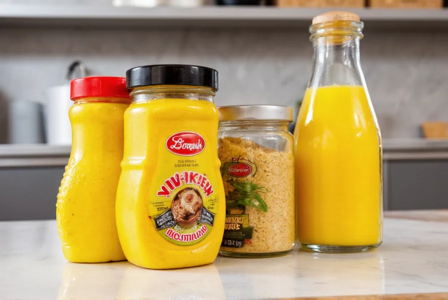 Various mustard substitutes including yellow mustard, Dijon mustard, mustard seeds, and horseradish arranged on kitchen counter