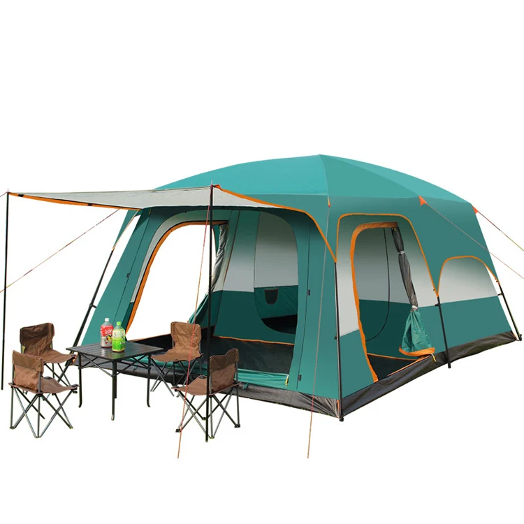 

12 person Super-Large Luxury Two Bed Rooms With One Living Room Family Camping Waterproof Tent Outdoor, Dark green/sky blue/orange