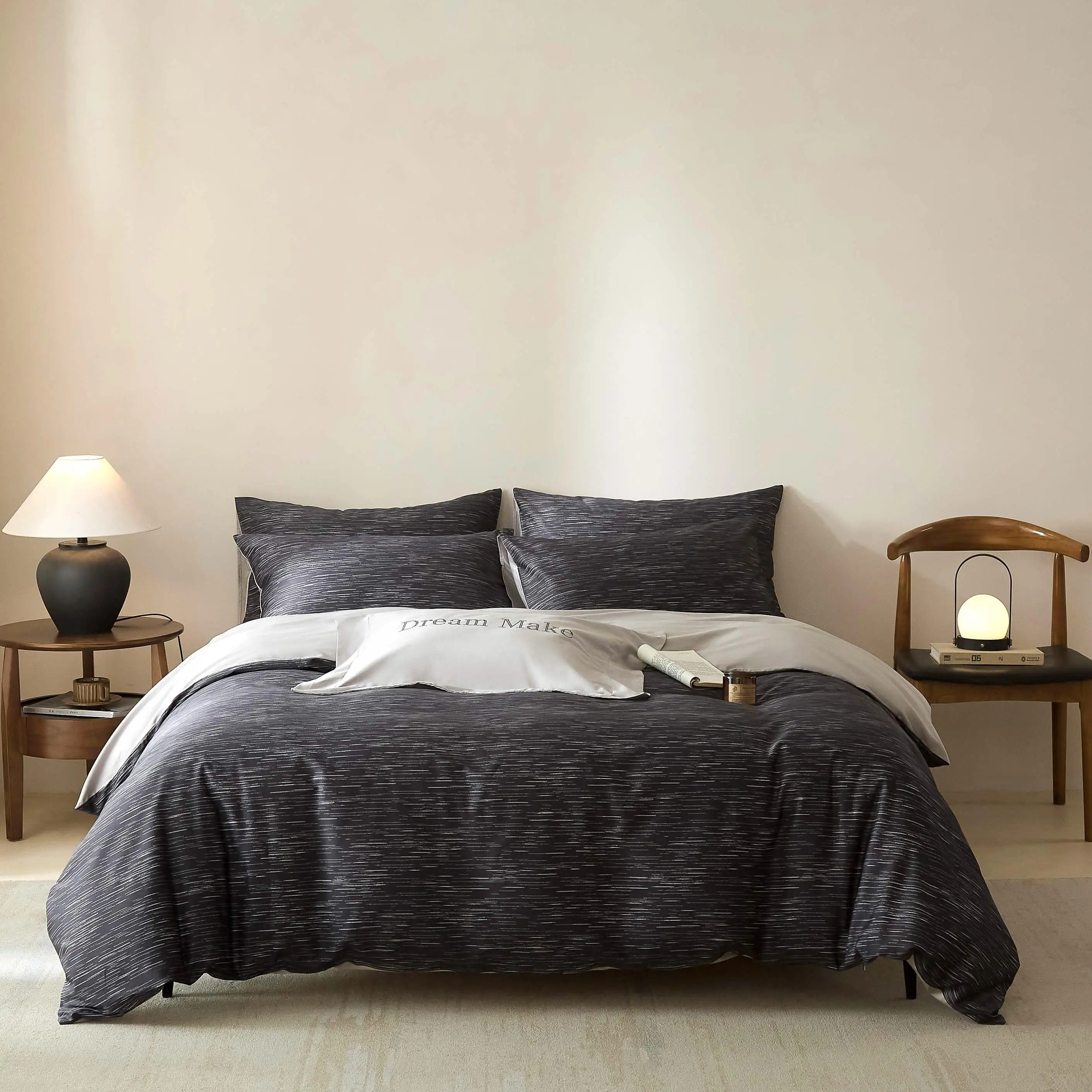 Simple Style Printing Home Textile Cotton Bed Linen Black Comforter Duvet Quilt 4pcs Bedding Set Wholesaler