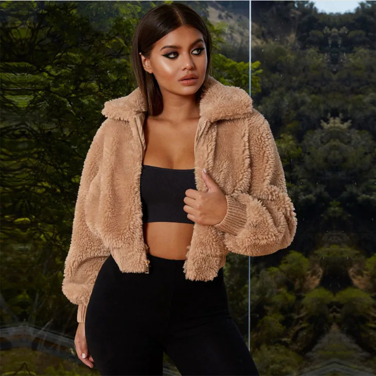 

2021 Winter Warm Fluffy Faux Fur Coats Jackets Women Furry Long Sleeve Jacket Ladies Turn Down Collar Zipper Pocket Cropped Coat, Different colors and support to customized