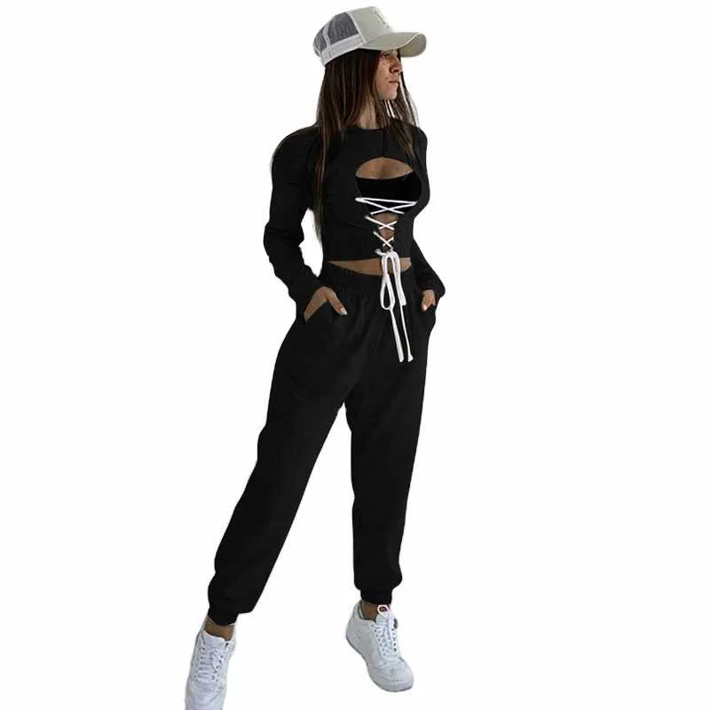 

Autumn Winter Drawstring Slim Fitness Hollow Out Sexy Crop Top Sweatpants Jogger Set Women