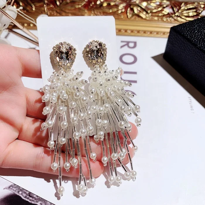 

New Tassel Earrings Long Earrings Statement Exaggerated Rhinestone Imitation Pearl Dangle Earrings For Women, Customized color