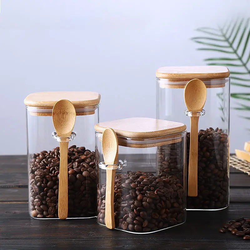 

Food grade 1500ml big coffee tea glass jar with wooden lid and spoon, High transparency