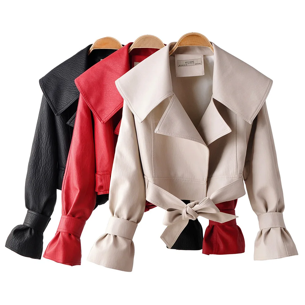 

2021 New Women's Jacket PU Leather bow Long Sleeve Thick Short Females Coat 2020