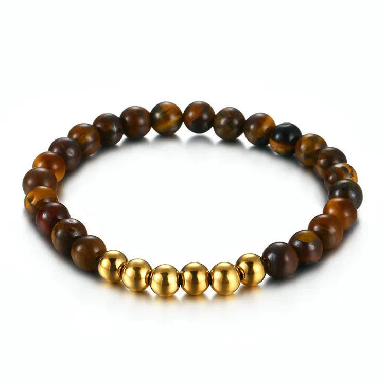 

Round Tiger Eye Stone Stainless Steel Bead Bracelet, Gold/ rose gold/ black/ steel