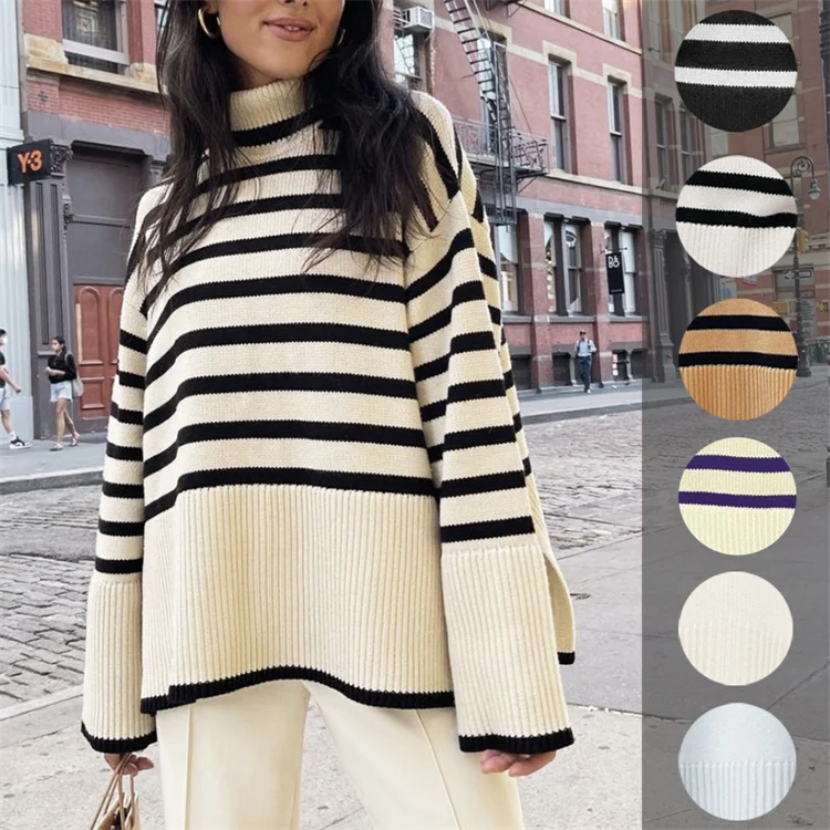 

fall sweater for women 2021 ladies tops striped color block pullover turtleneck girl knitted plus size women's sweaters