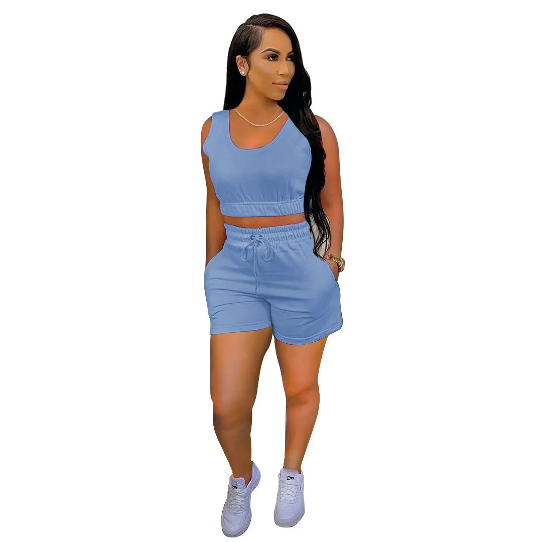 

summer girls' women shorts Cute solid color cotton sport gym sportswear fitness two piece short set for women clothing set