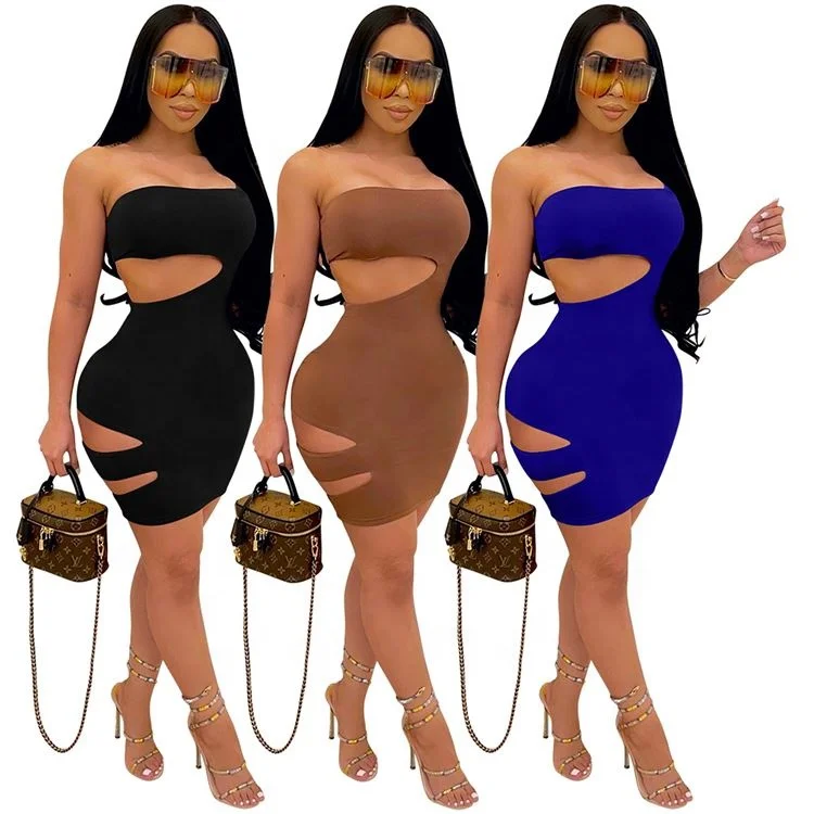 

Sexy Ladies Mini Dress Holes Bodycon Summer Nightclub Wear Women Strapless Dresses, Picture color