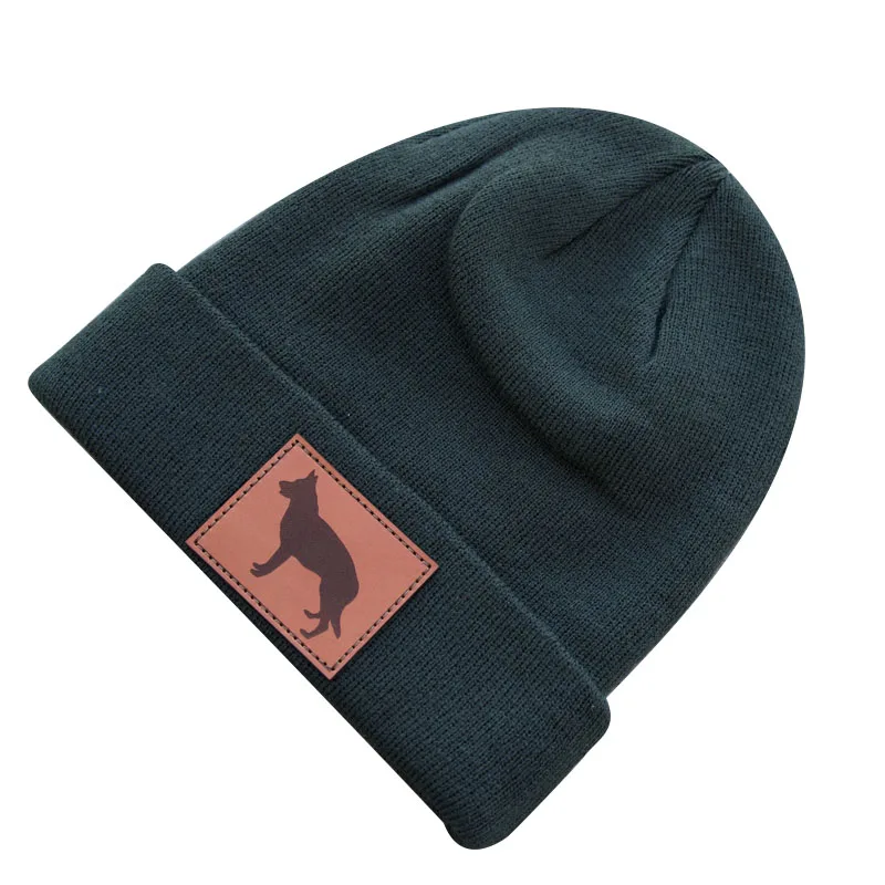 

high quality soft warm winter hats ski men women Puppy leather patch custom skullies knitted beanies cap