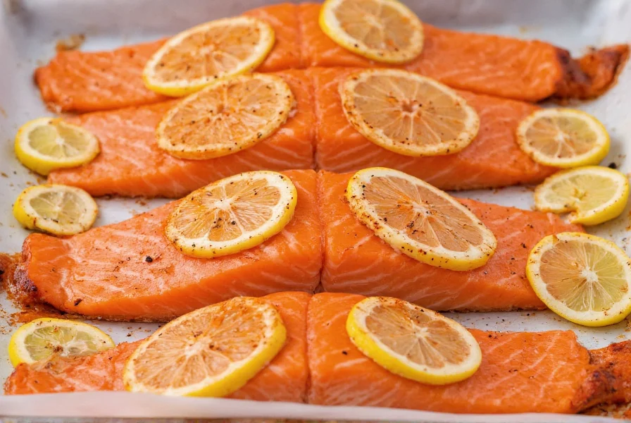 Fresh salmon fillets with lemon slices and cracked black pepper arranged on baking sheet