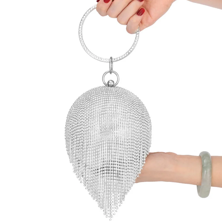 

2020 Fancy Luxury Round Tassel Girls Women Silver Gold Party Purse Crystal Rhinestone Ball Clutches Evening Bag, Black silver gold