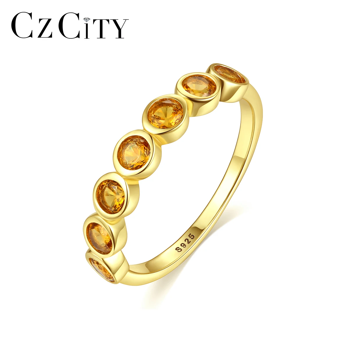 

CZCITY Women Engagement Wedding Real 925 Sterling Silver Round Yellow Crystal Gemstone Eternity Rings
