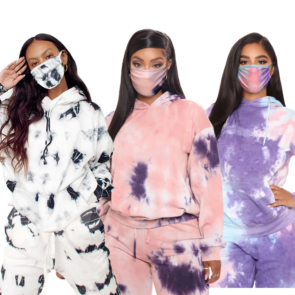 

Factory wholesale American tie dye mask set 2021 long sleeved hooded sweater casual sports suit women