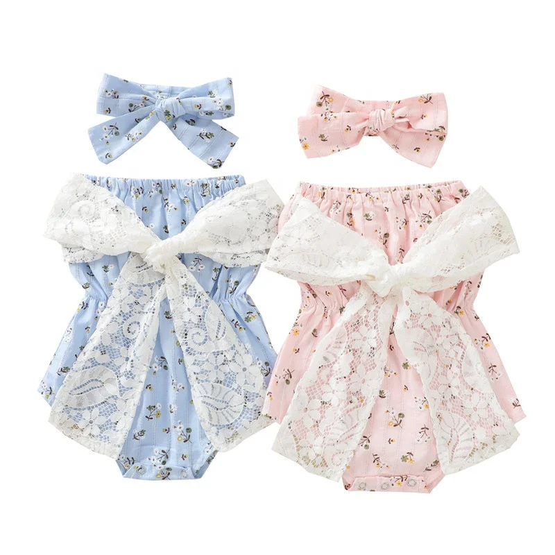 

With headband infants lace jumpsuits baby girls' cotton rompers toddlers summer floral bodysuits