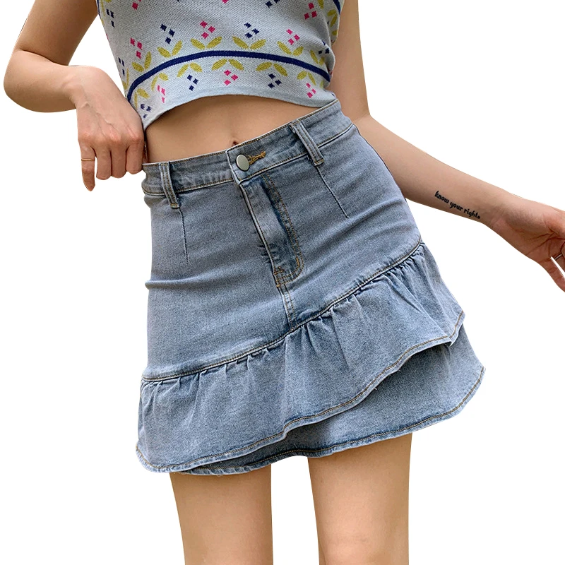 

Y2K Design Wash Denim Low Waist Asymmetric Ruffle Hem Button Zipper Skirts Young Girls Women, Denim medium wash