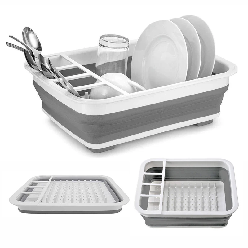 

Foldable Drying Rack Drainer Dinnerware Basket Organizer Collapsible Kitchen Storage Counter Silicone Sink Dish Drying Rack, Gray