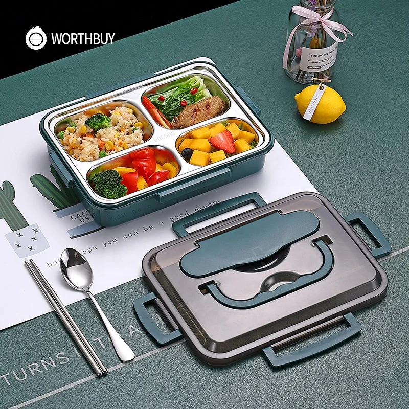 

WORTHBUY Large 18/8 Stainless Steel Lunch Box Tableware Bowl Leak-Proof Bento Box Kids School Food Container Kitchen Food Box, Pink, black, green, blue, blue yellow