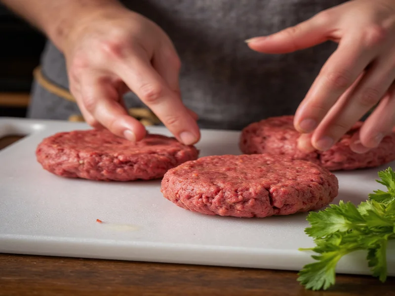 Hands shaping hamburger patties on chilled cutting board