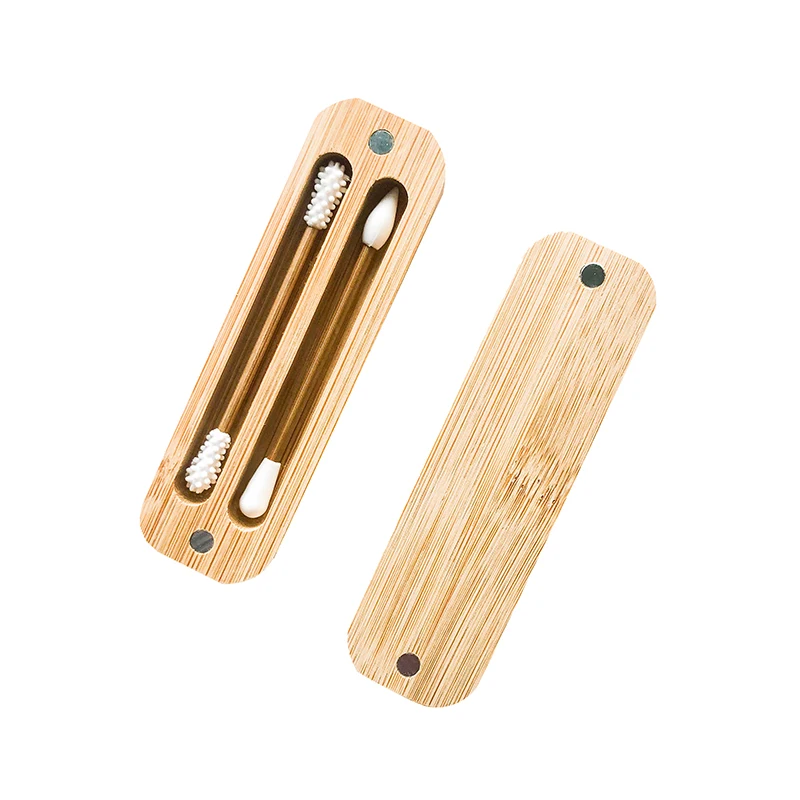 

oval bamboo box set reusable and portable makeup silicone cotton swab with natural bamboo case for ear cleaning, Customized color