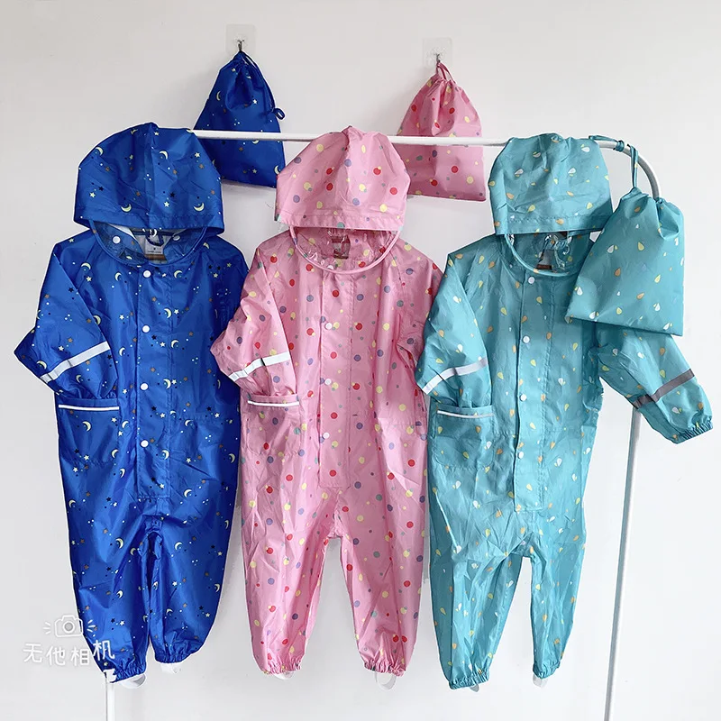 

New Children overall rain suit cute boys cartoon rain jacket camo waterproof PU coated durable Nylon kids raincoat one piece, Pink/blue/sky blue