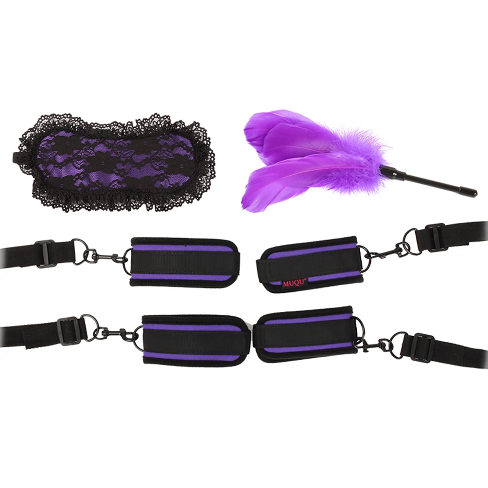 

Bdsm Nylon Under Bed Restraint Strap Set for Couples Handcuffs Ankle Cuffs Eye Blinder Bondage Set