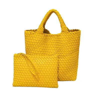 

Handwoven Tote Handbags 2021 Magnetic Button Large-Capacity Woven Shoulder Bag Portable 2pcs Set Solid Color Handbag With Pouch, Yellow, red, black, light green, orange, gray, brown