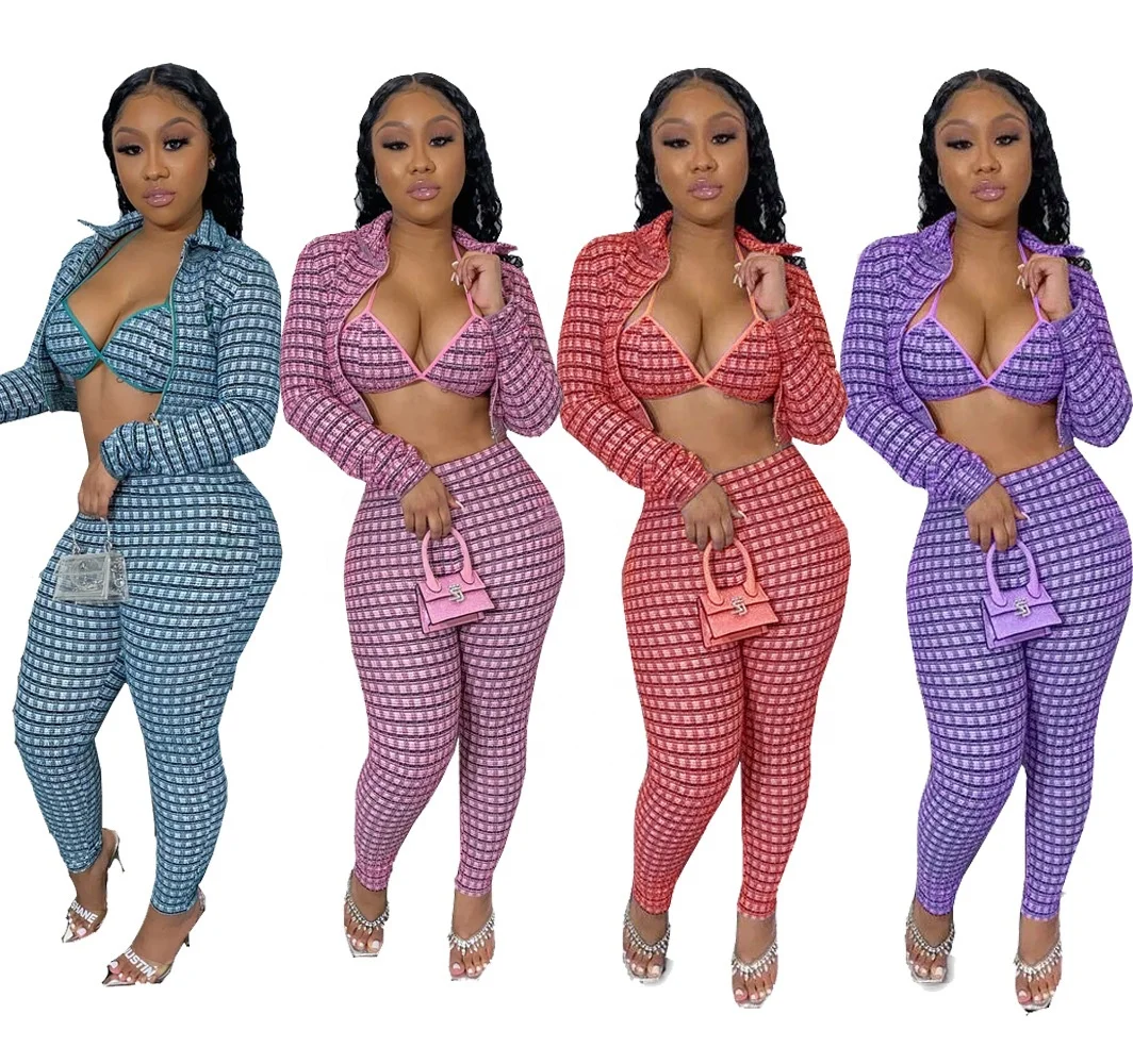 

KX-T10865 Color blocking long sleeve shirt pants sets for women stripe print plaid suits with bra womens three piece set