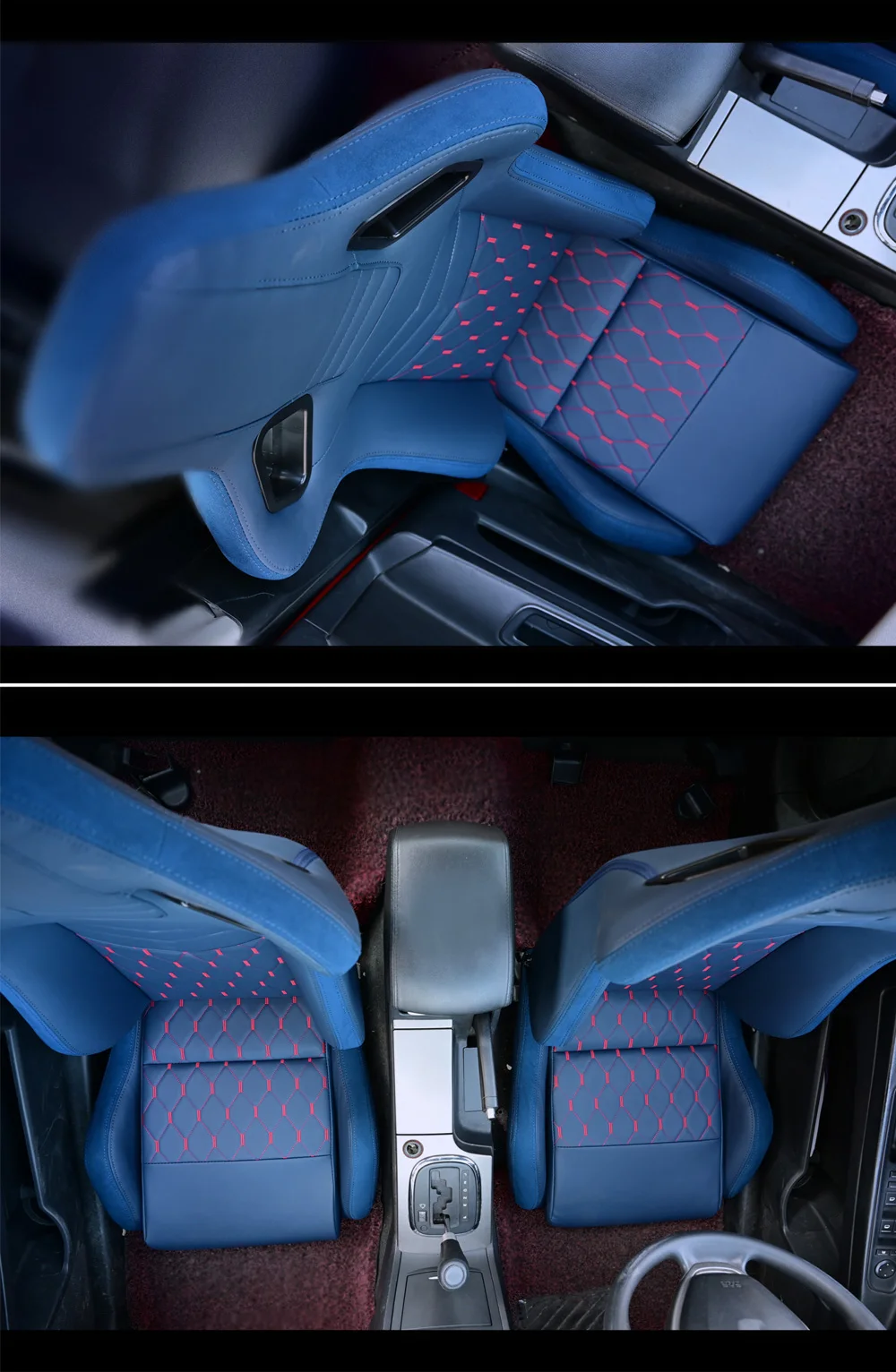 1对可调节运动型汽车座椅蓝色真皮赛车座椅