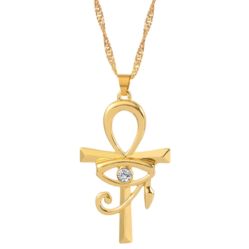 

Wholesale Gold Egyptian Ankh Eye of Horus Cross Pendant Hip Hop Necklace With Box Chain, As picture